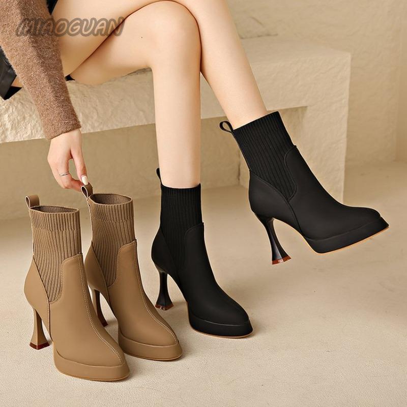 High-heeled Short Boots Spring and Autumn Pointed Toe Elastic Stocking Ankle Boots for Women Splicing Slip On Botas Femininas