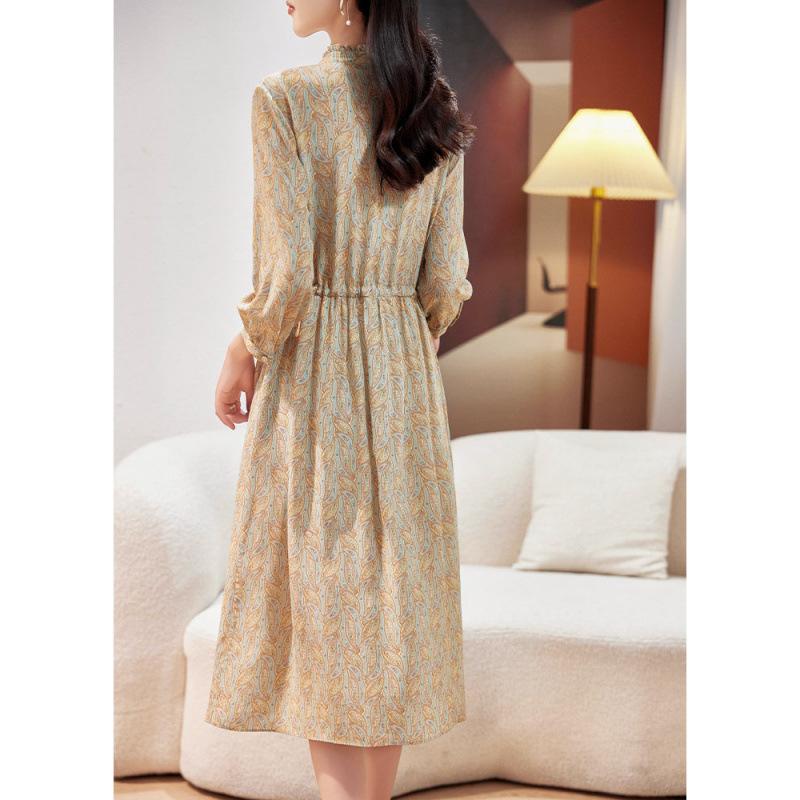 Silk dress fashion print retro seven-quarter sleeve medium and long  mulberry silk dress