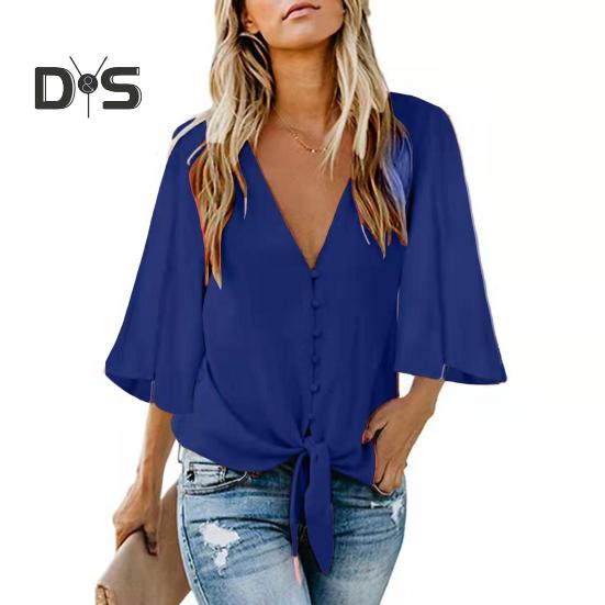 Women Summer Shirt V-neck Half Sleeve Buttons Placket Lace-up Shirt Tops Solid Color Loose Fit Commuting Style Shirt