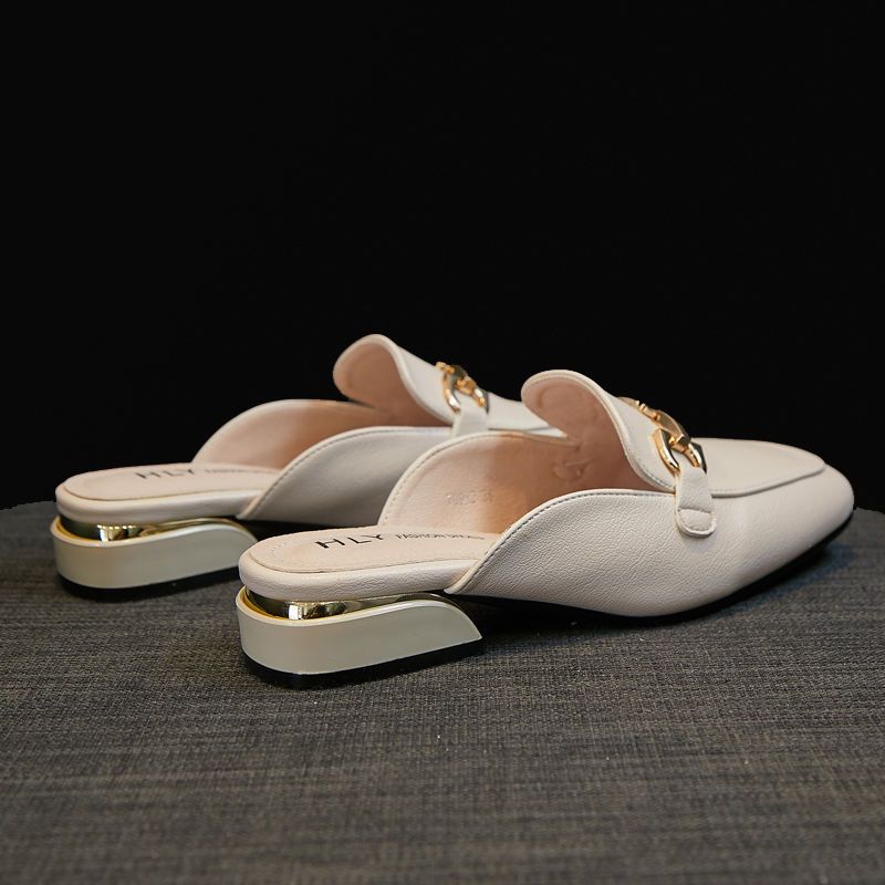 Fashion Black Job Low Heel Outside Leather Mules Nude Color Women's Slippers and Ladies Sandals Slides Shoes Small Size On Offer Trend F