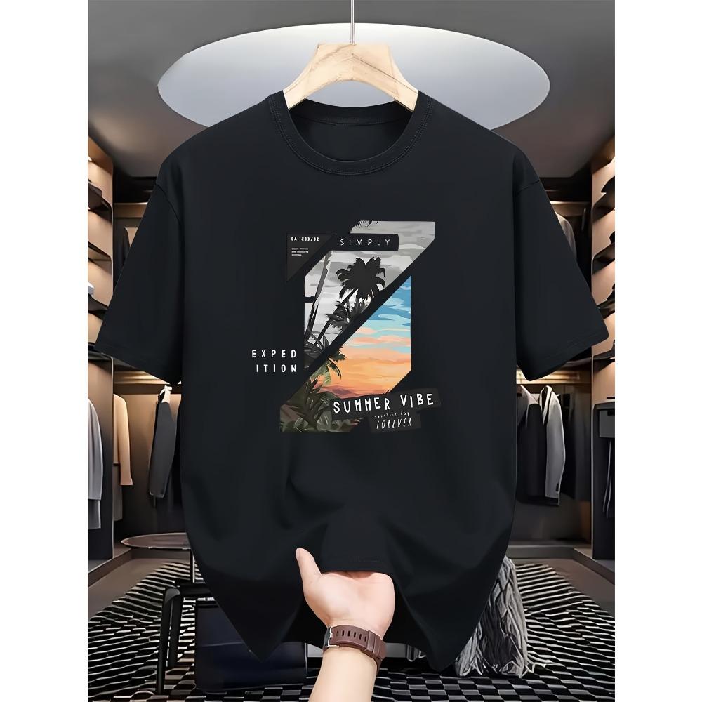 

Men s Casual Pattern T-Shirt Summer Vibe print with palm tree and sunset design light grey short sleeves crew neck M