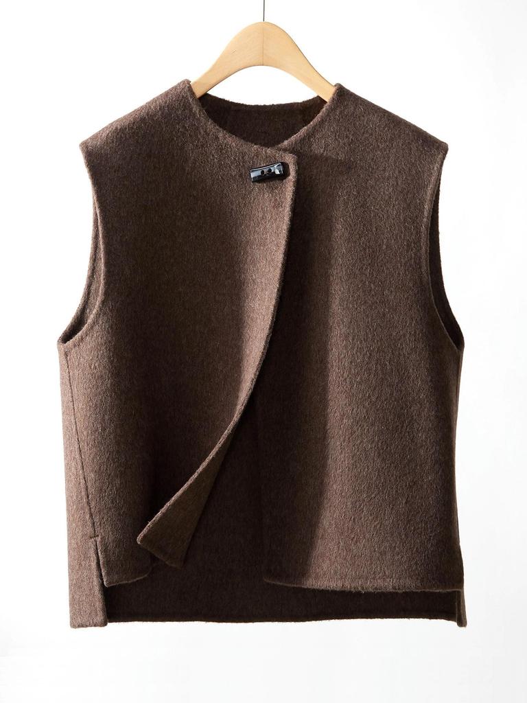 Women's 2025 Asymmetrical Gray Wool Vest - Round Neck, Button-Up, Sleeveless for Spring & Autumn Fashion