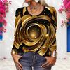 Plus Size Women Long Sleeve Shirt Abstract Glitter Gold Green Swirl Print Crew Neck Casual Loose Pullover Blouse