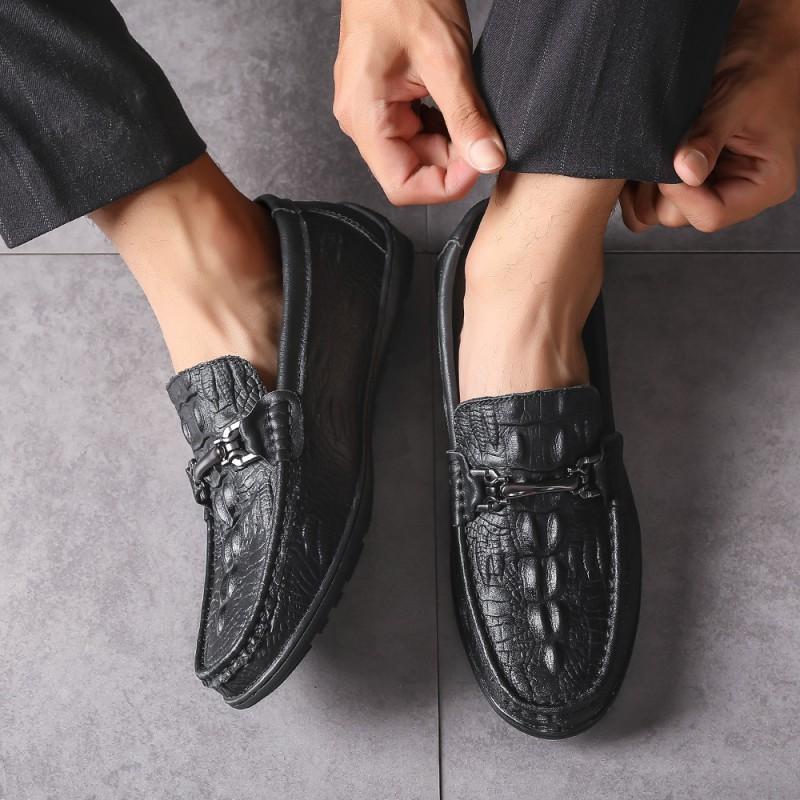 Mens Loafer Slip-On Shoes Genuine Leather Crocodile Texture Casual Flat Comfortable Round Toe Winter