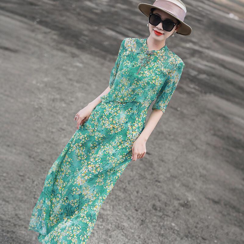 Lanseer 2026 Summer Elegant Beaded Print Cheongsam Dress XL