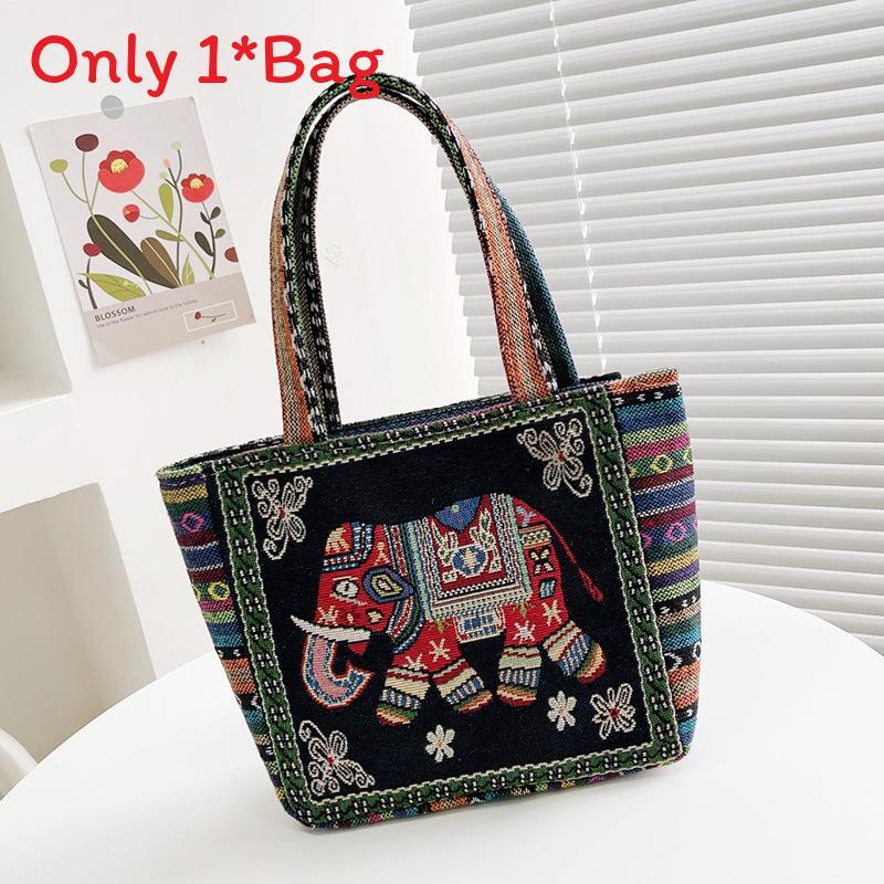 Elephant Embroidered Canvas Handbag With Dual Handles For Casual Daily Use