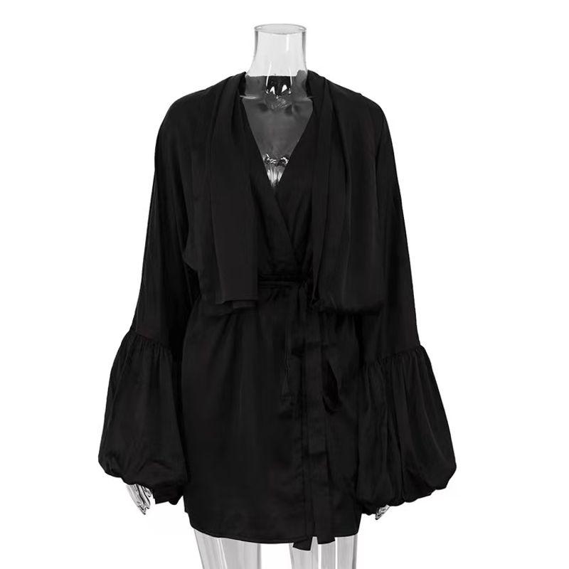 

Western Style Bell Sleeve Dress Satin V-neck Lace-up A- line Dress Satin V-neck Lace up Dress Black S
