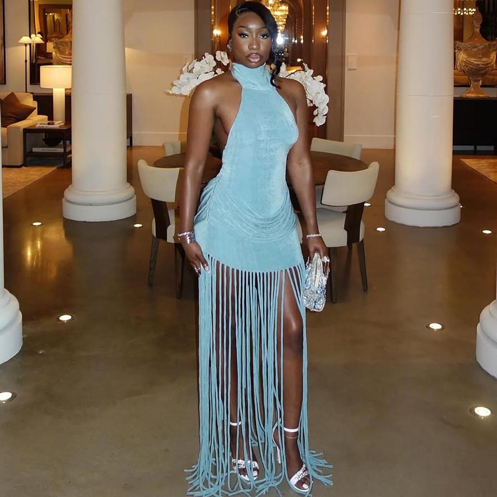 European Style Tassel Halter Backless Sexy Dress