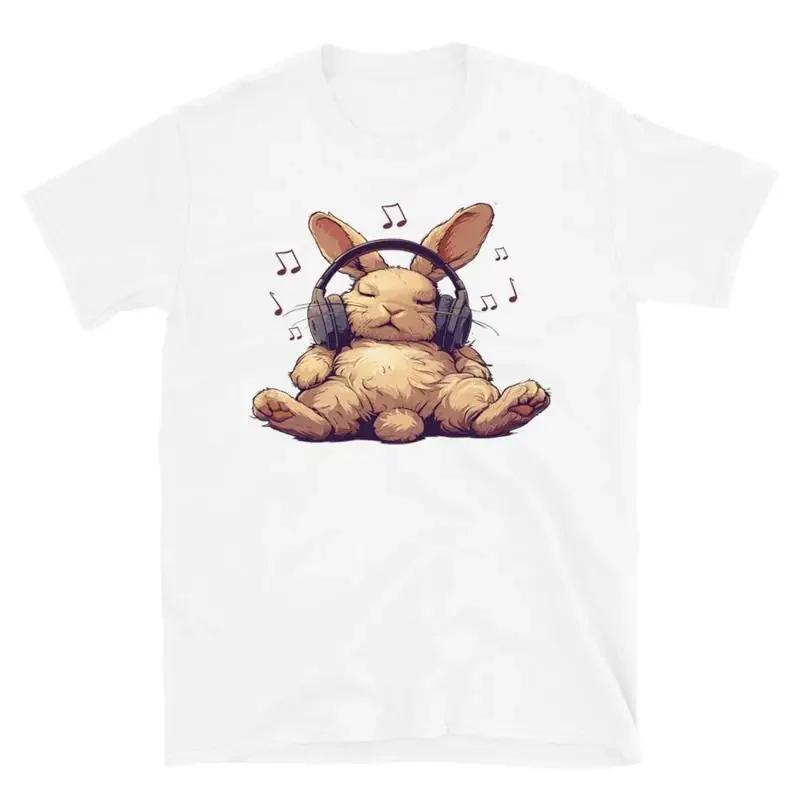 Cute Rabbit Listening Music T Shirt Novlety Funny