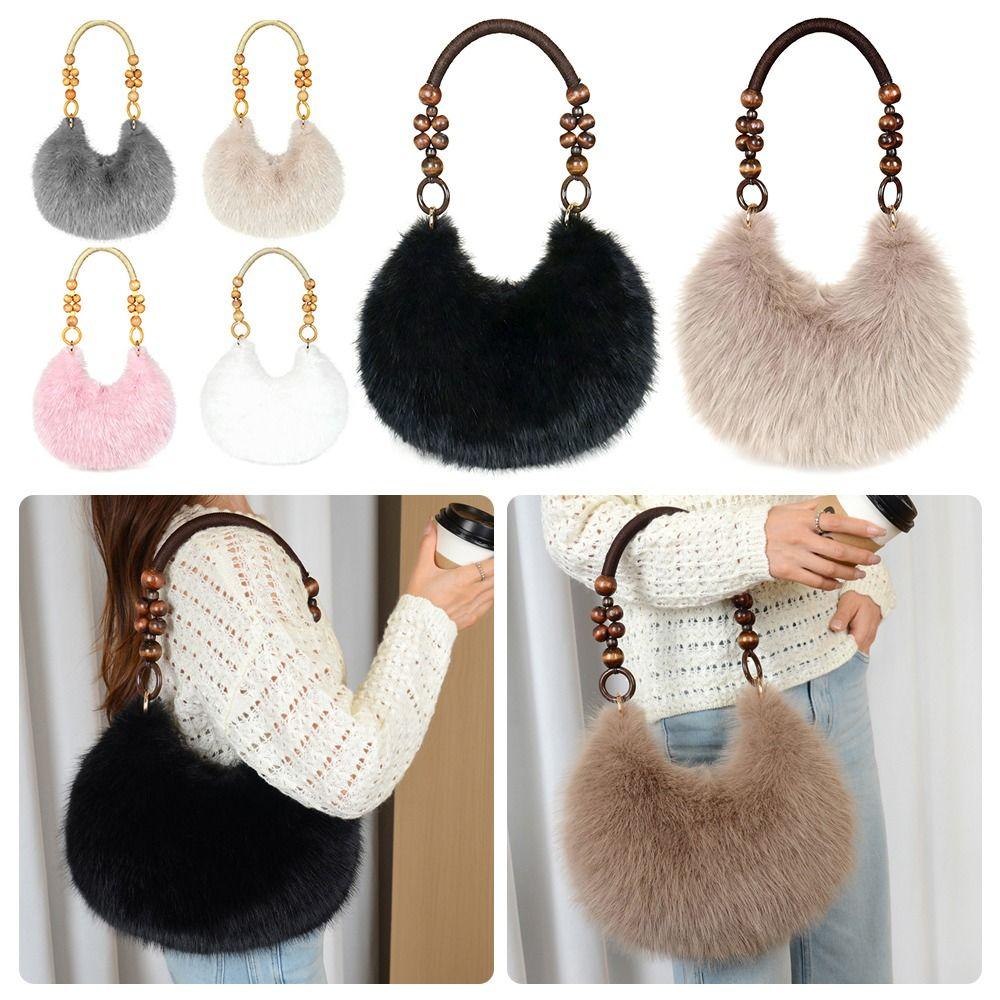 Retro Multicolor Furry Handbag Beads-Chain Handle Soft Tote Bag Faux Fur Oval Shoulder Bag Versatile