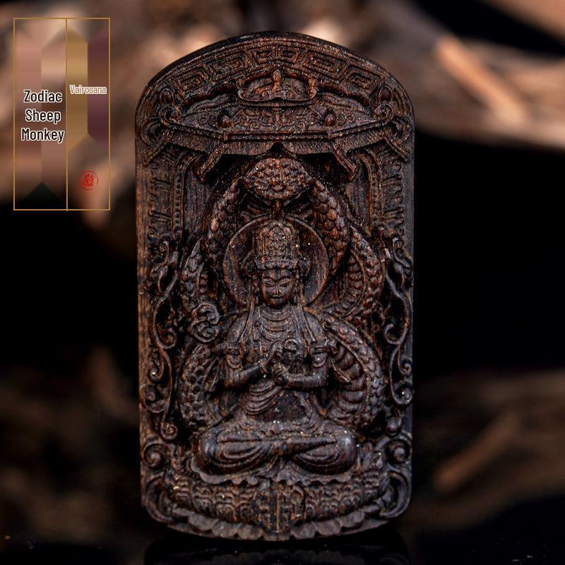 Agarwood Black Oil Carved Eight Guardian Deities Birth Year Buddha Talisman Necklace Pendant