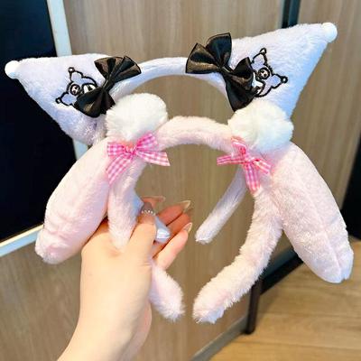 Fascia per capelli in peluche con orecchie da coniglio e fiocco Kuromi Autunno-Inverno per lavare il viso