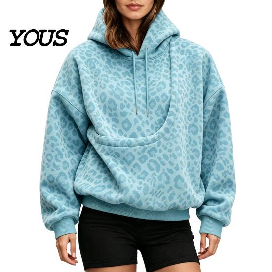 Women Oversized Hoodie Leopard Print Pet Carrier for Women, Hooded Sweatshirt Dog Hands Free & Cat Carrying, Long Sleeve Pullover Top with