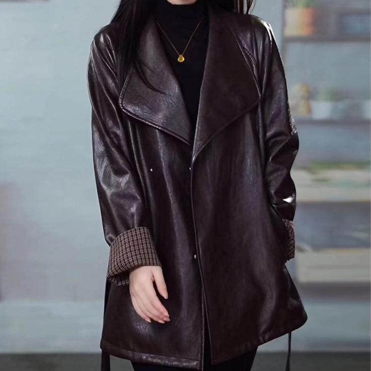 Autumn and Winter High-Quality Women's Leather Jacket Mid-Length Turn-Down Collar Soft PU Leather Coat Loose Fit Plus-Size Leather Jacket
