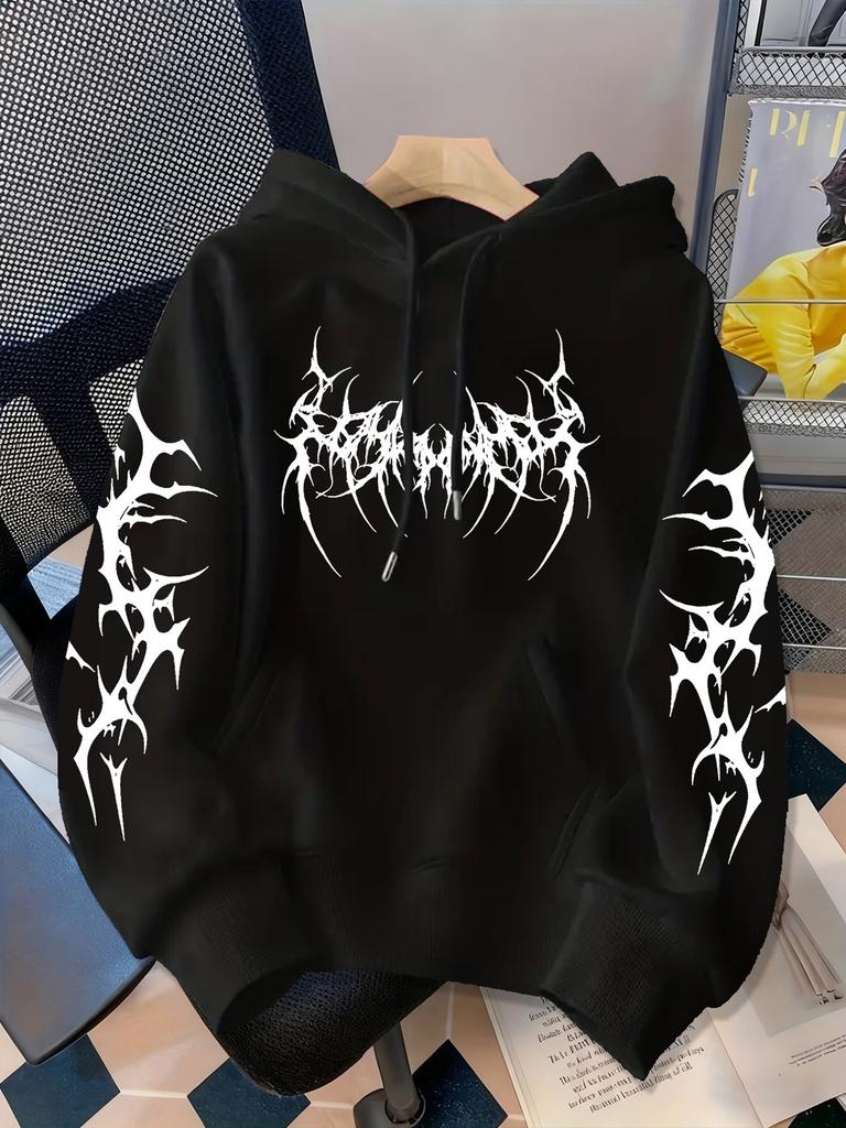 Minimalist Thorns and Spikes Printed Hooded Sweatshirt with Abstract Sharp Art Fonts on the Chest American Street Pullover Hoodie