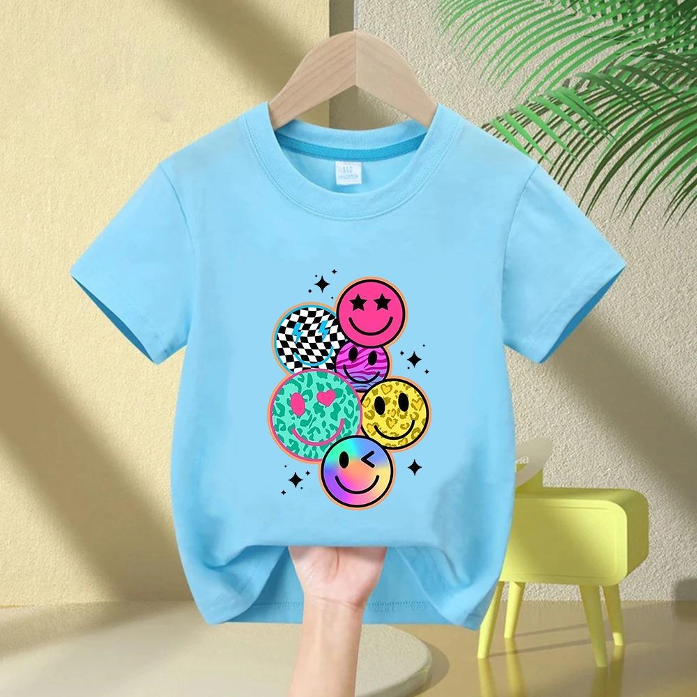 Kids Cartoon Smiley Face Print Short-sleeved T-shirt Casual and Versatile Style Suitable for Children's Outings and Daily Wear