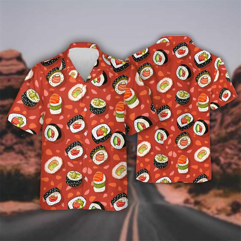 Delicious Sushi Shrimp Graphic Female Beach Shirts Hip Hop Hawaiian Rice Balls Lapel Blouse Fast Food Bento Shirt For Men Tops