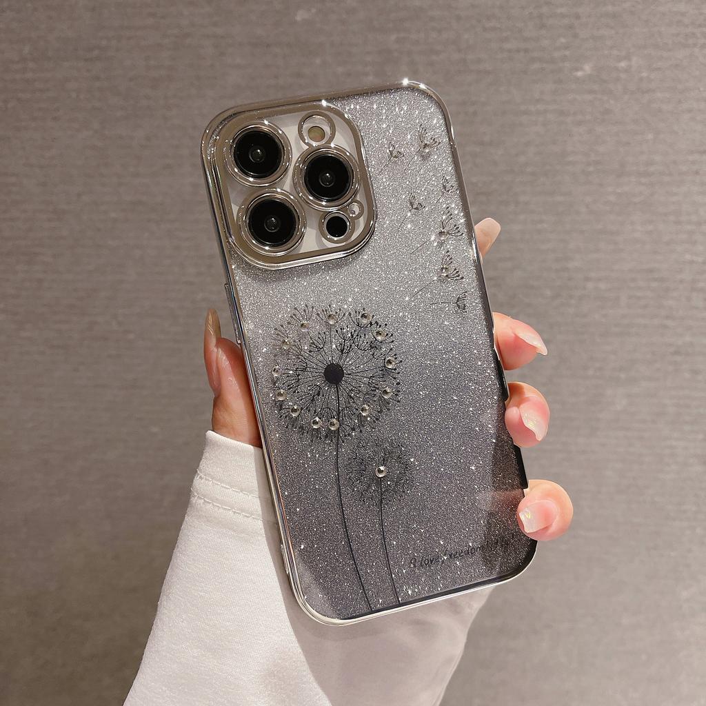 Suitable for IPhone16 Cases with Gradient Glitter, 15 Electroplated Dandelion Dot Diamond, and Transparent Tpu Soft for Apple 14pro