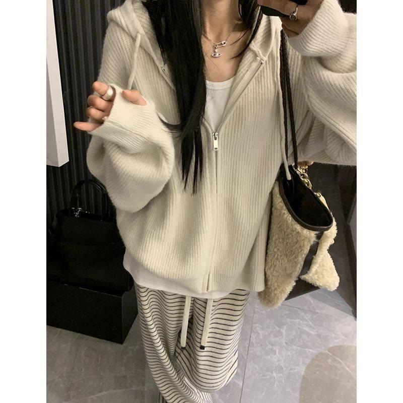 

Женский трикотажный кардиган на молнии с капюшоном в корейском стиле - Осенне-зимний многослойный свитер-пальто Small бежевый