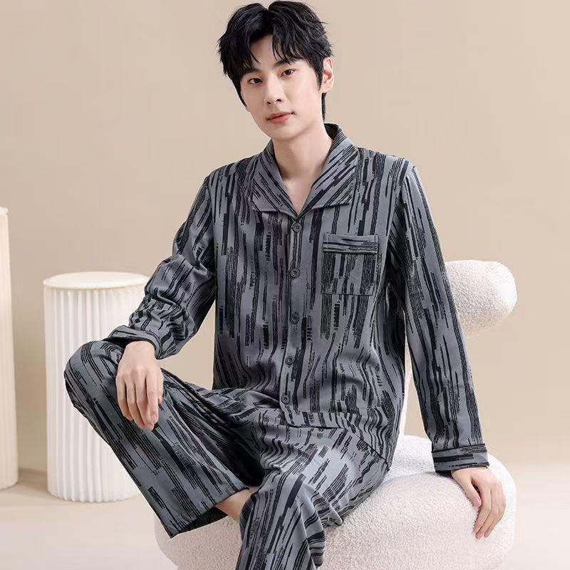Men's Pure Cotton Long Sleeve Pajama Set - Spring/Autumn Style, Extra Large Size