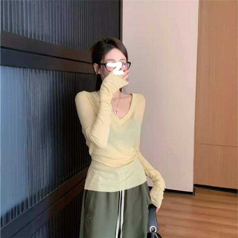 Soft Waxy Collar Temperament Slim-fitting Long-sleeved Knitted Bottoming Shirt Women's Spring Bright Yellow Pure Desire Top