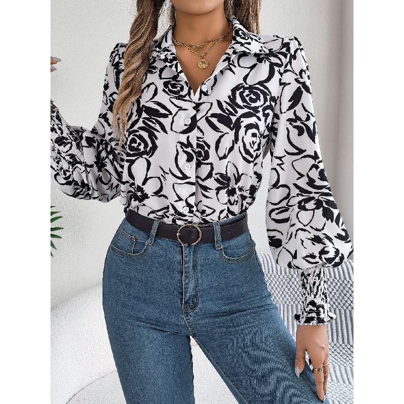 2026 Spring/Summer Elegant Contrast Color Floral Lantern Sleeve Turn-down Collar Shirt Casual Breathable Women's Top