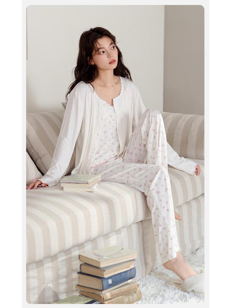 Women's Antibacterial Modal Three-Piece Set: Camisole, Long Sleeve Top, Long Pants - Spring/Autumn Homewear or Outerwear
