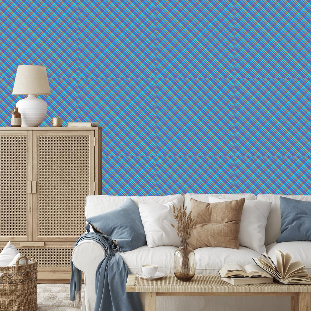 Blue and turquoise checkered wallpaper for living room and bedroom 50x1000