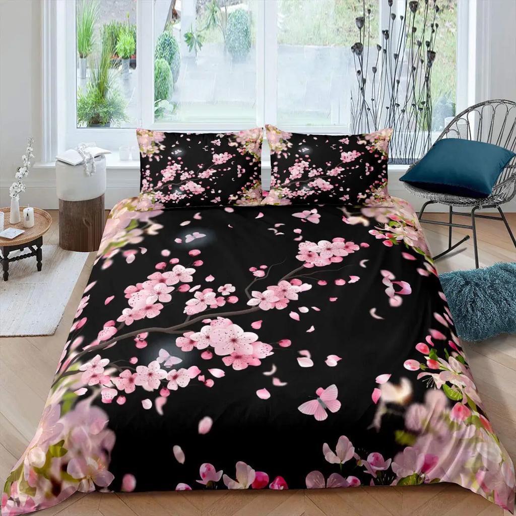 Japanese Duvet Cover Branch of  Flourishing Sakura Tree Cherry Blossoms Spring Theme Art Pink Decor Dark Brown for Women Gifts
