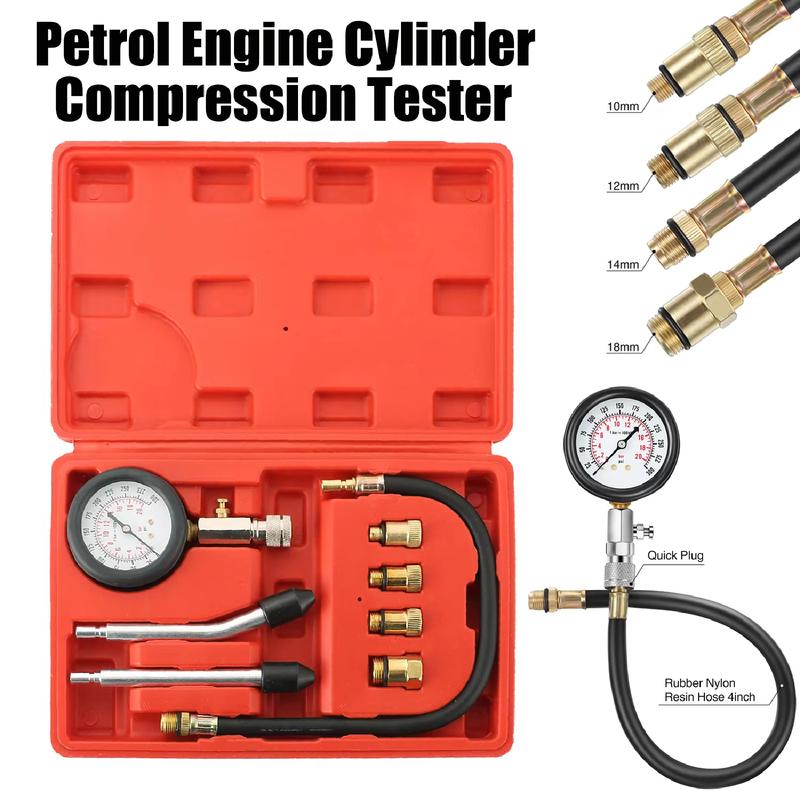 Cylinder Pressure Tester Kit 0‑300 PSI Compression Gauge for Car Motorcycle Brass Adapters Quick Release Dual Units