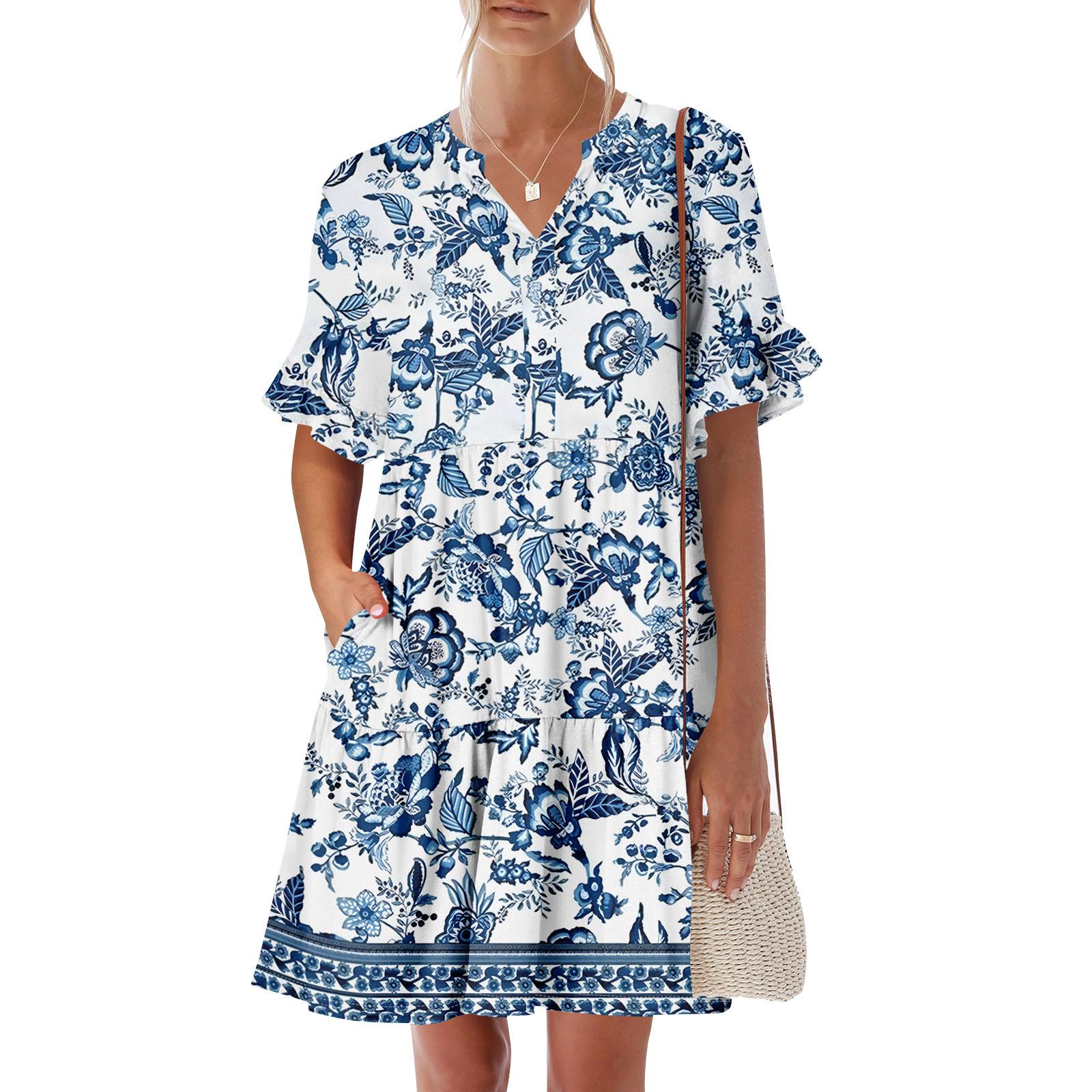 

Womens Summer Dress Short Sleeve V Neck Short Dresses Fashion Casual Flowy Boho Ruffle A Line Swing Sundress With Pockets XXL небесно-голубой