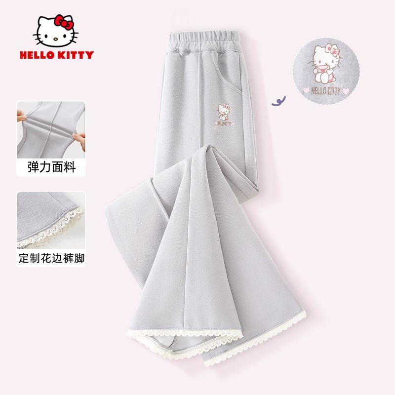 Hello Kitty Girls' Bell-Bottom Pants, Slightly Flared Pants, Children's Pants, Spring Long Pants, Stylish and Cute, Gray Spring Outfit