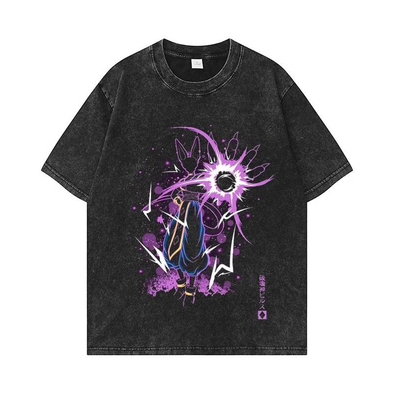 Dragon Ball Z Beerus Purple Energy Blast Printed Tshirt Mens and Womens Washed Tshirt High Quality Vintage Cotton Tshirt