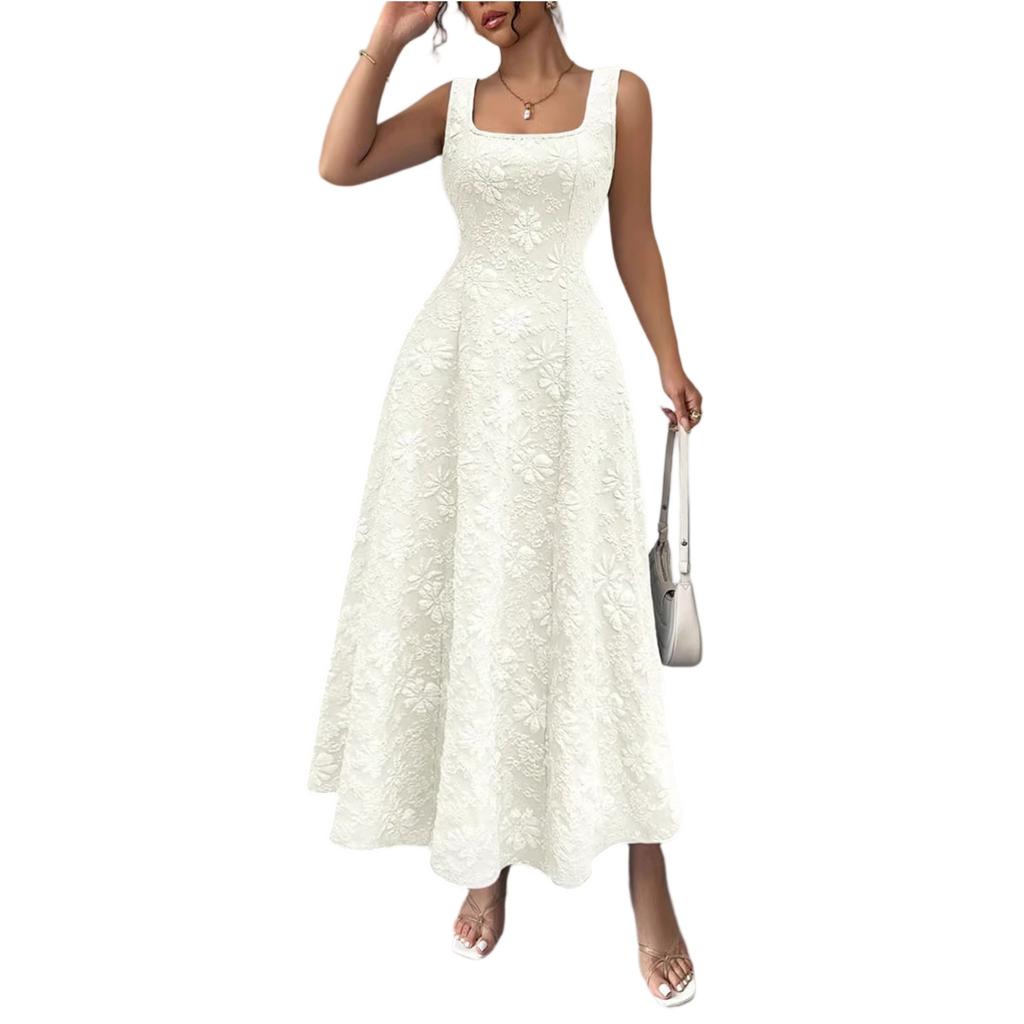 Women's Fashionable Color Square Neck Pullover, Fresh And Sweet Waist Cinched A-line Length Dress