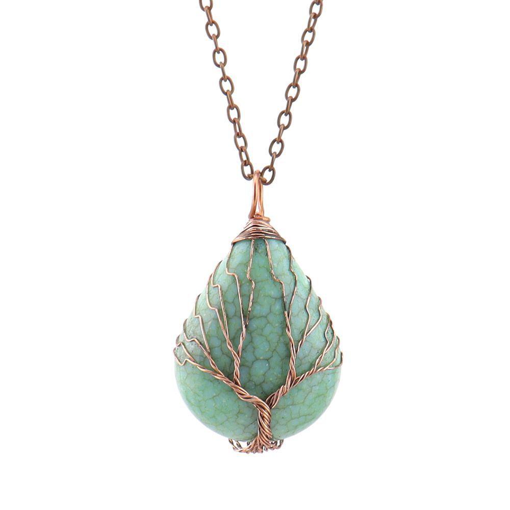

Handmade Copper Wire Winding Silk Tree Of Life Resin Water Drop Corrugated Sheet Necklace N515