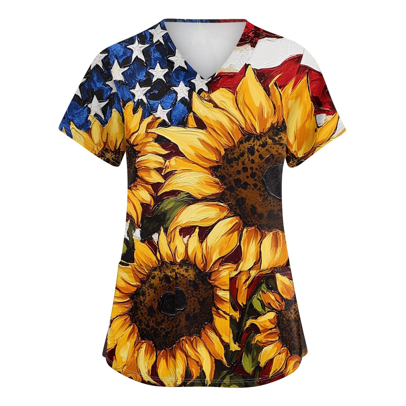 

Женская мода V-образный вырез короткий рукав рабочая одежда с карманами День независимости принтованные топы XXXXL