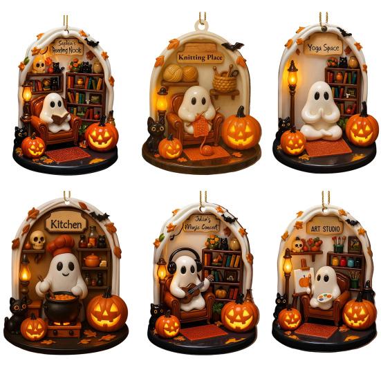 Halloween Ghost Ornament Acrylic Ghost-Themed Reading Cooking Painting Ornament Tree Hanging Decoration for Indoor Home Decor