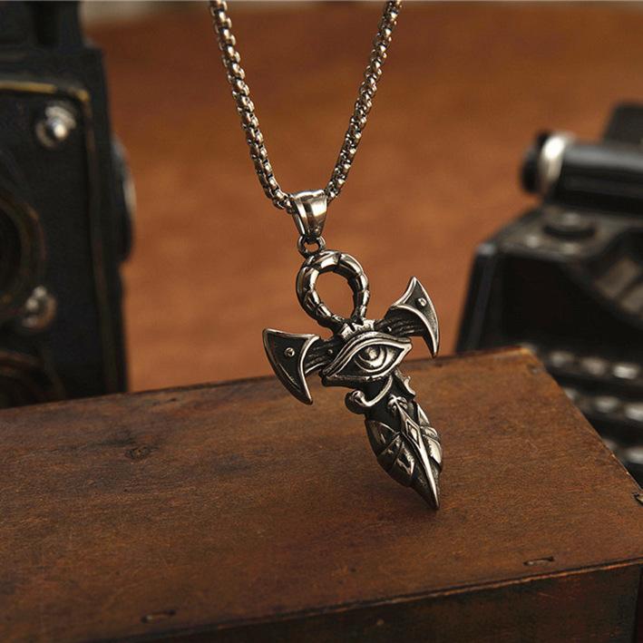 European and American Titanium Steel Men s Cross Necklace Eye of Horus Pendant Necklace 60CM