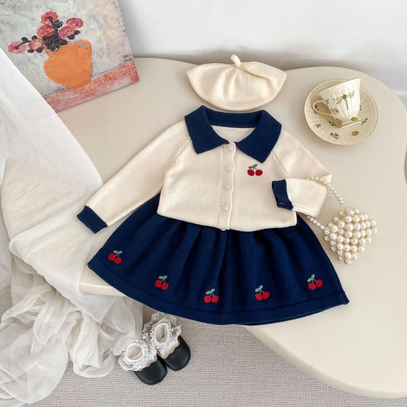 Baby Girl Cherry Embroidered Knit Cardigan & Skirt Set