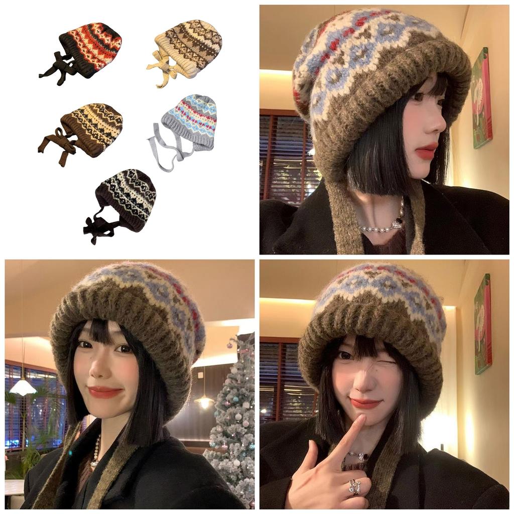 Ethnic Pattern Ear Flap Hat Knitted Beanies for Daily Wear Adult Unisex Acrylic Skull Hat for Outdoor Cycling Walking