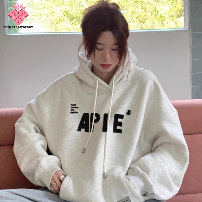 American Style Oversize Plush Hoodie Women Autumn Winter 2025 New Letter Print Warm Pullover Sweatshirt Y2K Tops Ladies Clothing