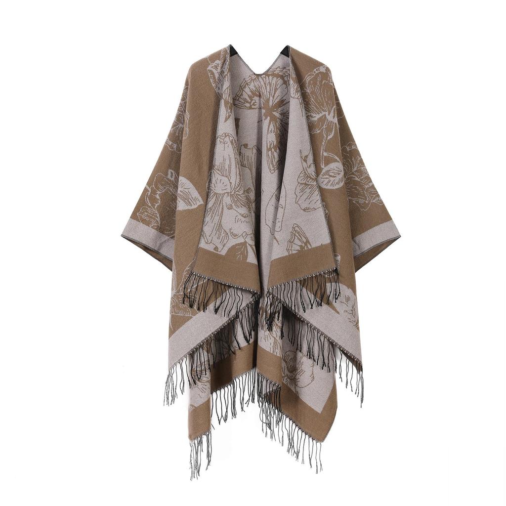 In-Stock Women's Double-Sided Tassel Shawl Cape - Classic Style, High-End, Warm, Perfect for Travel.