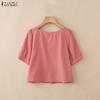 ZANZEA Women Square Collar Summer Embroidery Casual Short Sleeve Blouse