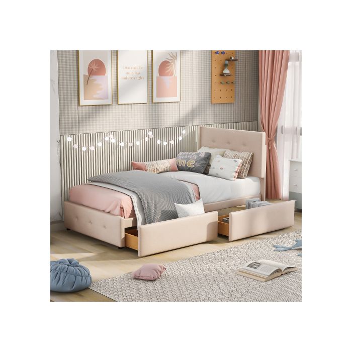 Lit rembourré 90 x 200 cm - MUVOE - Beige foncé - Avec tiroirs - Montage facile - Style classique