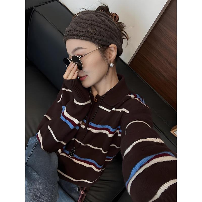 Premium contrasting striped knitted sweater temperament polo collar niche sweater women's autumn and winter new retro long-sleeved top