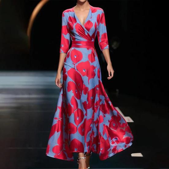 Fall Spring Maxi Dress Cross V Neck Three Quarter Sleeves Colorful Print A-line Big Swing Slim Waist Dating Shopping Banquet Long Dress