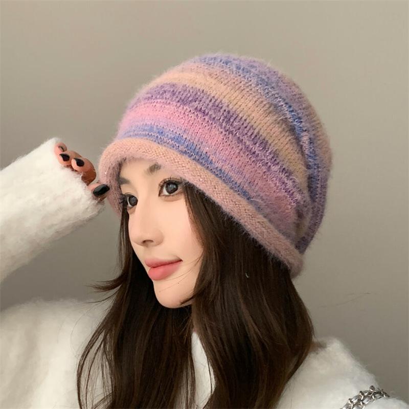 Color autumn and winter big head circumference knitted wool hat children show face small versatile ear protection confinement hat gradual change colo