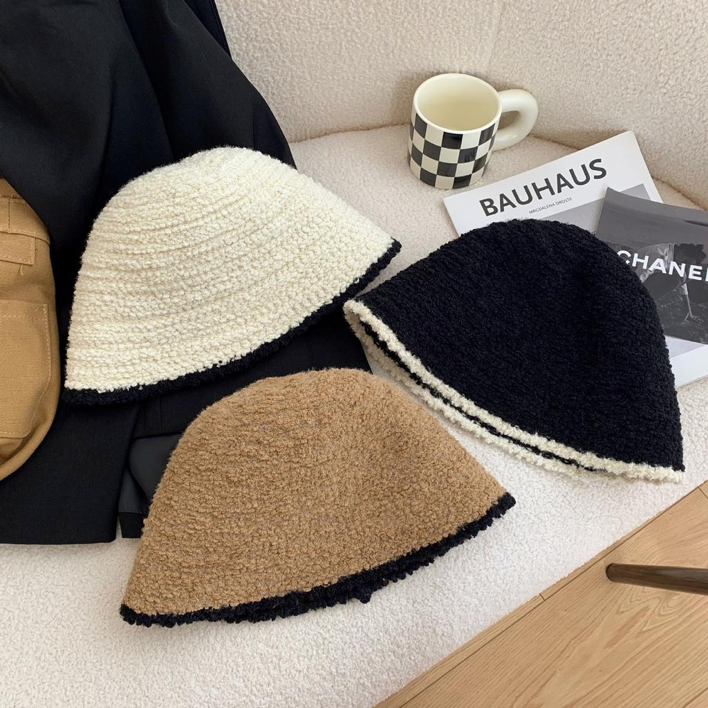 Black Plush Bucket Hat Women's New Autumn and Winter Small Fragrance Show Face Small Plain Knitted Bucket Confinement Hat