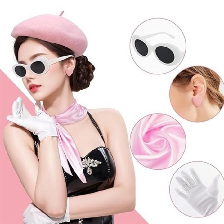 Doplňky ke kostýmu z 80. let Zahrnuje sluneční brýle Baret Klobouk Náušnice ve tvaru srdce Šátek a Pár rukavic pro ženy Halloween