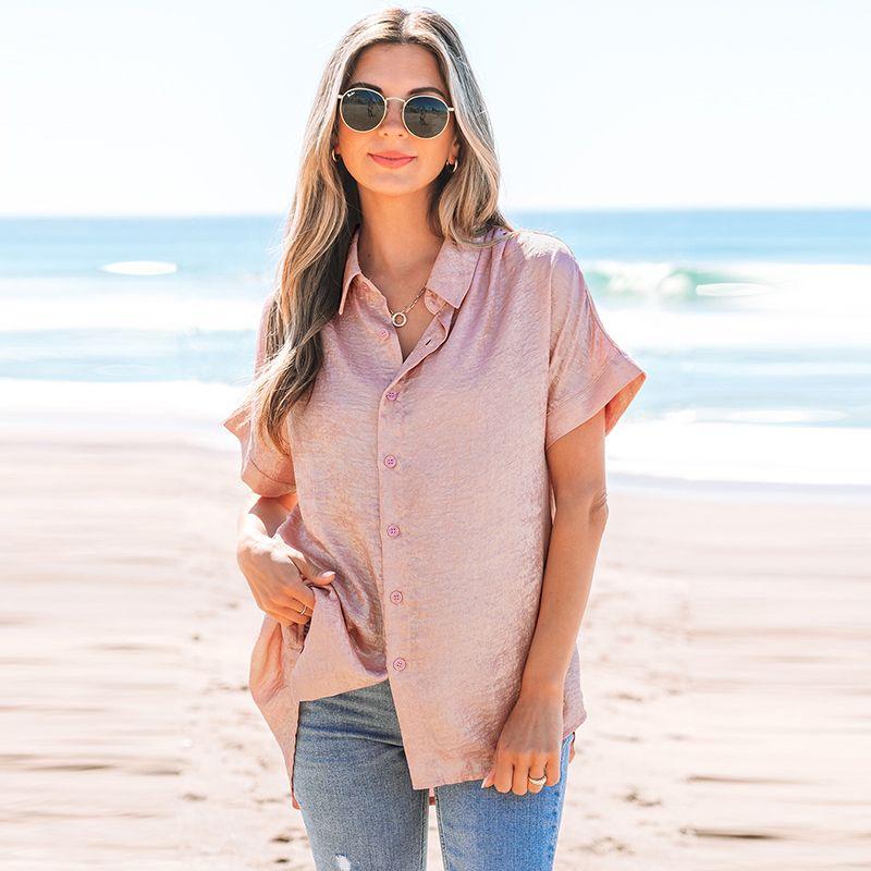 

American Shiying Bronzing Loose Lapels Shirt Women s 2025 Summer New Arrival Work Clothing Single-Breasted Short Sleeve Tops Pink XL code fits (70.00 kg-75.00 kg